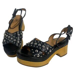 COACH Astor Silver Studded Platform Sandals Black Leather + Charm SZ 5.5 NWOB